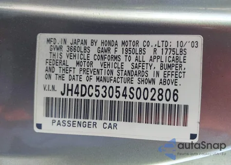 2004 Acura Rsx Type S из США, поврежденный, VIN JH4DC53054S002806